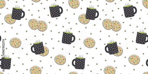 Cute seamless pattern. Cookies with dragees and mug of green tea on  white background. Delicious pastries. Cartoon design. For wallpapers, textiles, packaging, backgrounds, or websites. Vector.