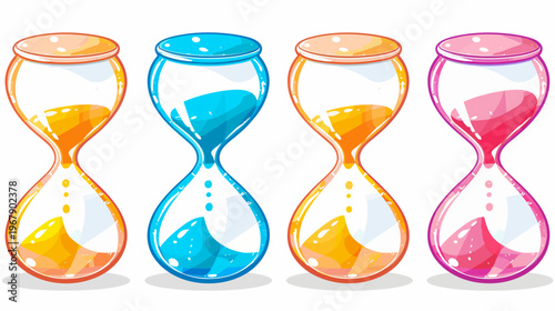 Four colorful cartoon hourglasses with sand flowing, isolated against a white background