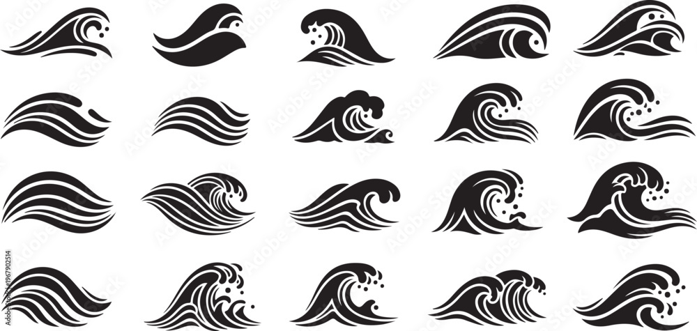 Fototapeta premium Collection of black and white wave icons and symbols