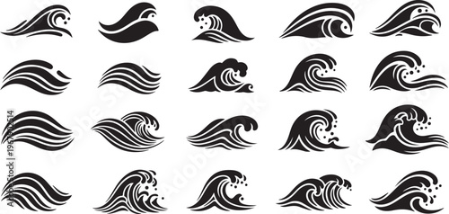 Collection of black and white wave icons and symbols