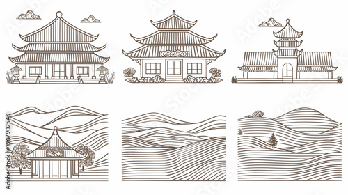 Six architectural scenes featuring pagodas and landscapes in brown line art style