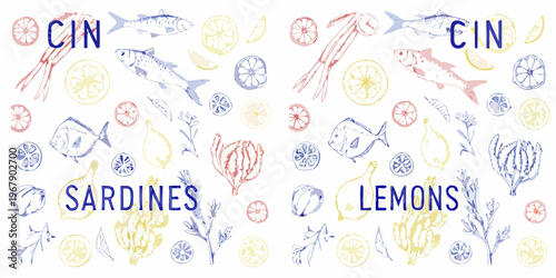 Stylized illustration of fish lemons and seaweed on a white background