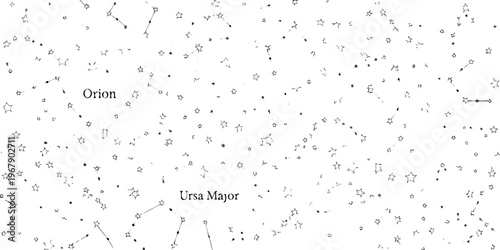A black and white illustration depicting constellations orion and ursa major
