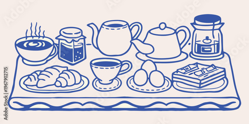 A hand drawn illustration of a breakfast tray with coffee and pastries
