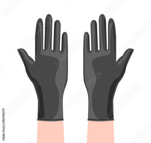 Black rubber latex cleaning protective Gloves Fashion hand accessory clothing technical illustration garment. Dish wash Vector for Men, women, unisex flat template mockup cartoon style