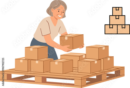A woman stacks boxes on a pallet in a warehouse loading area