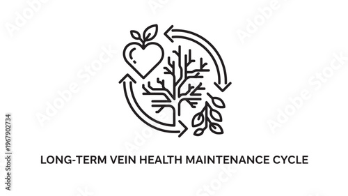 Illustration representing a cycle for maintaining healthy veins, featuring an apple and a vascular system.