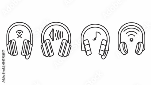 Four stylized headset icons with different audio related symbols in a vector graphic