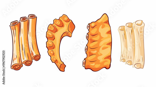 Hand-drawn ribs arranged in a row, some bright orange, others bone-colored, on a white background