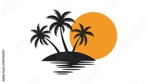 Palm tree silhouette illustration with a vibrant orange sunset background