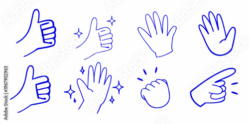 Collection of hand gestures in simple blue line art style