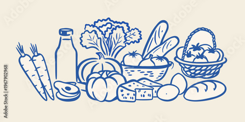 A hand drawn collection of fresh produce bread and dairy items