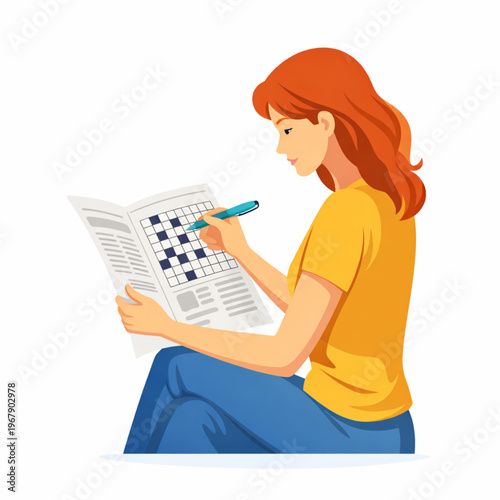 Woman solving crossword puzzle brain training activity