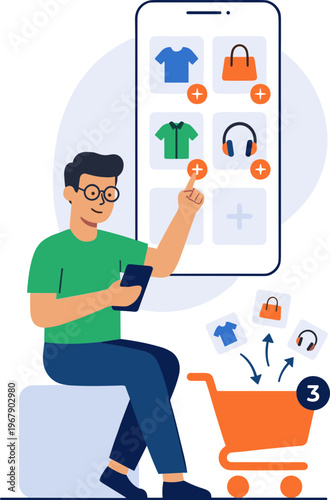 Man shopping online with phone and cart