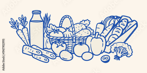 A blue line sketch depicting a bountiful harvest of fresh produce