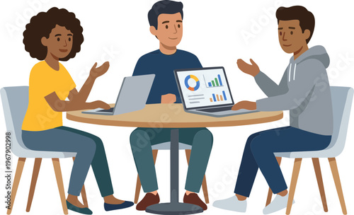 Three people discussing data on laptops at a table indoors