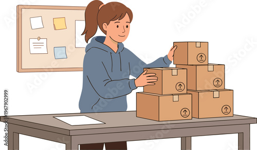 A woman stacks boxes on a table in an office environment.