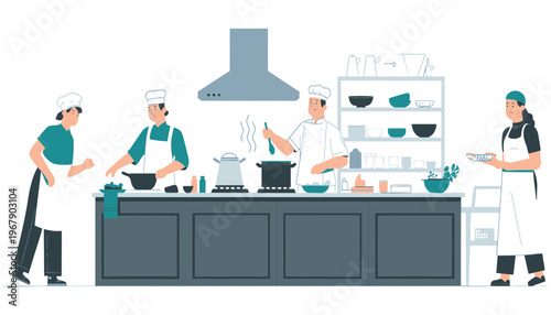 Chef illustration of people working in a commercial kitchen together