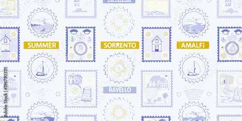 Vintage style postage stamps depicting coastal scenes and italian destinations