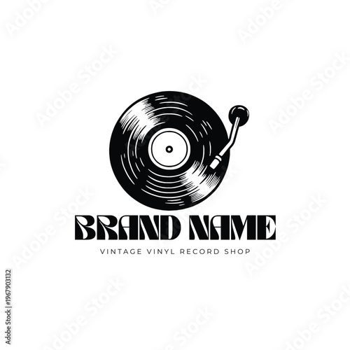 Vintage Vinyl Record Shop Logo with Turntable Icon in Retro Minimalist Style