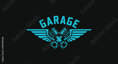 Garage Logo Design Featuring Pistons and Wings, Automotive Repair Shop Emblem.