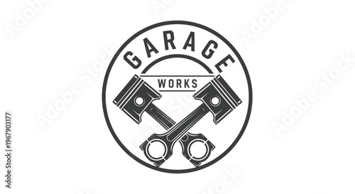 Garage Works Logo - Crossed Pistons Emblem for Automotive Repair and Service.