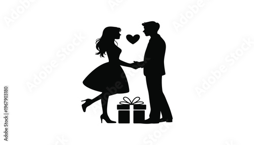 A loving couple silhouette with a gift and heart on Valentine's Day