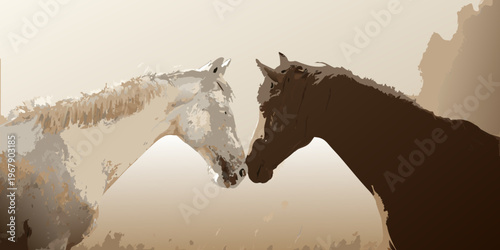 Two horses one white and one black facing each other closely
