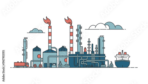 Industrial factory vector illustration with smokestacks and cargo ship nearby