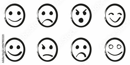 Simple black and white illustrations depicting eight different facial expressions