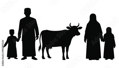 A family silhouette with a cow standing together in unity and harmony