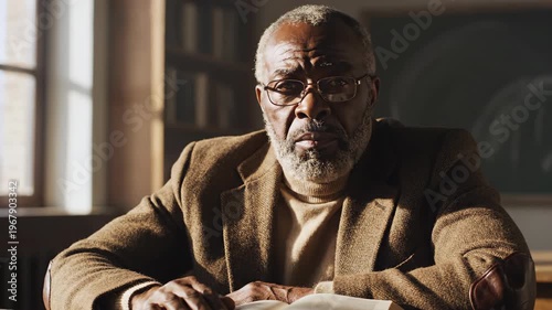 Elderly man reading a book in warm natural light