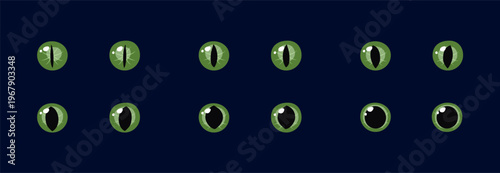 Set of green glowing eyes dark background fantasy magic cartoon animal reptile feline mammal monster demon dragon shiny pupil vector illustration