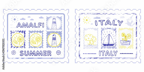 Two illustrated postage stamps featuring amalfi and italy summer themed