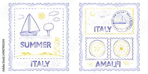 Vintage style postage stamps depicting italian summer scenes and coastal views