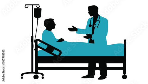 Doctor in medical uniform talking to patient in hospital bed with IV pole
