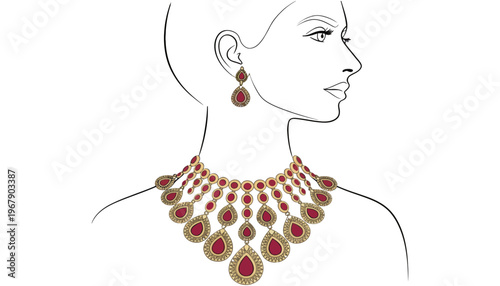A woman wearing a necklace and earrings with red stones and gold