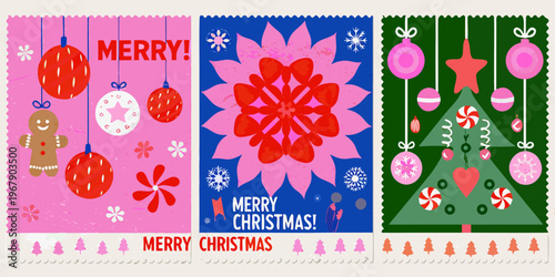 Festive christmas cards with colorful ornaments and holiday greetings