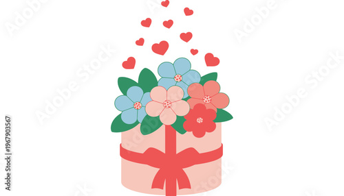 A beautiful flower bouquet in a pink gift box with red hearts