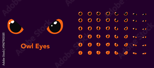 Set of orange owl glowing eyes dark background fantasy magic cartoon animal reptile feline mammal monster demon dragon shiny pupil vector illustration