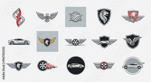 Collection of Automotive Emblems and Logos Featuring Wings and Shields.