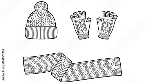Knitwear set including hat, gloves, and scarf in a line drawing style