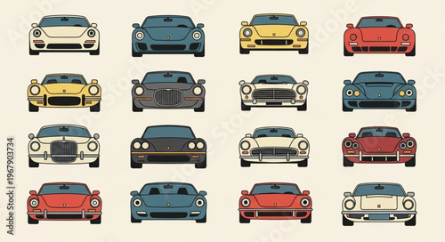 Collection of Classic Sports Cars Front View.