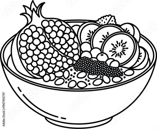 Breakfast bowl with pomegranate and chia seeds vector illustration