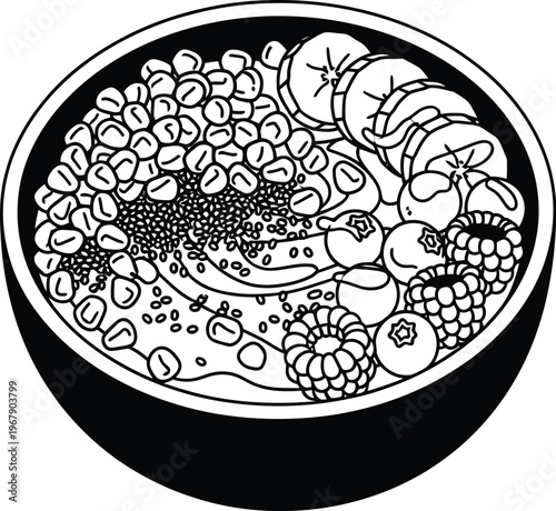 Breakfast bowl with pomegranate and chia seeds vector illustration