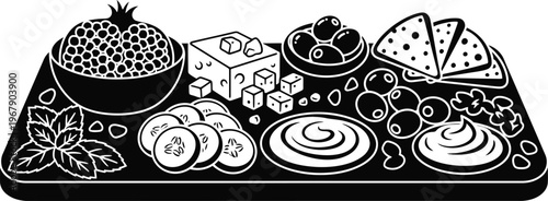 Mediterranean breakfast board with pomegranate and feta cheese illustration