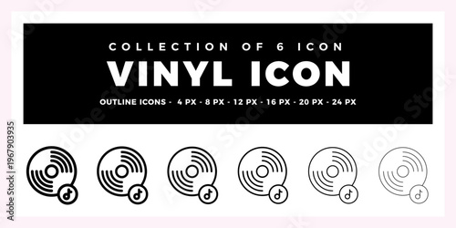 Collection of 6 Vinyl Icons. Outline. Analog. Music. Retro