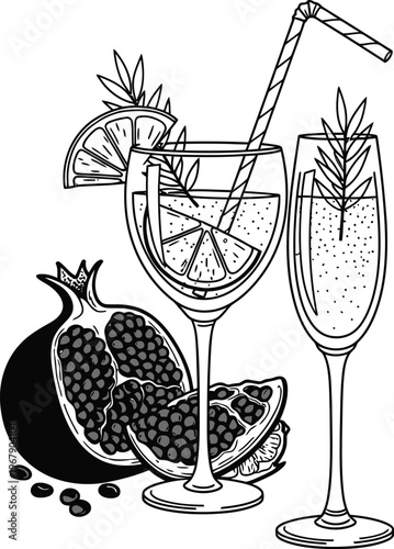 Pomegranate prosecco mimosa cocktail vector illustration for party celebration
