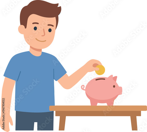 A man putting a coin into a pink piggy bank on a table.