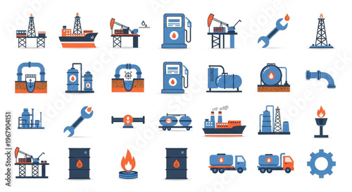 Oil and Gas Industry Icons Set - Exploration, Production, and Transportation.